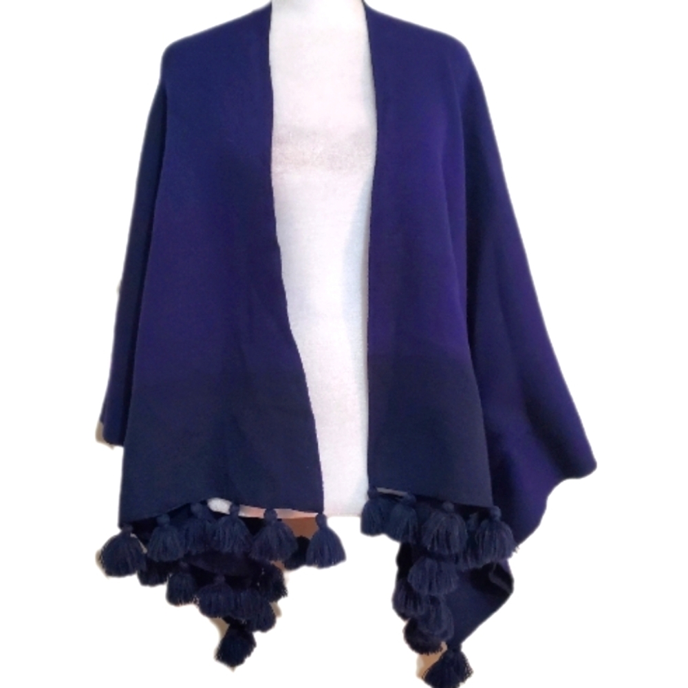 LOFT rayon blend navy blue open front tassel knit sweater poncho wrap shawl OS
